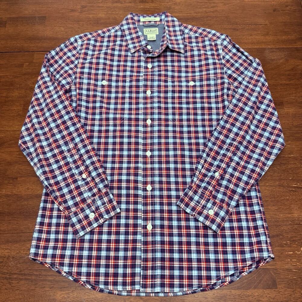 LL Bean Plaid Long Sleeve Button Up Shirt Men's Medium Slightly Fitted Red Blue - Picture 1 of 9